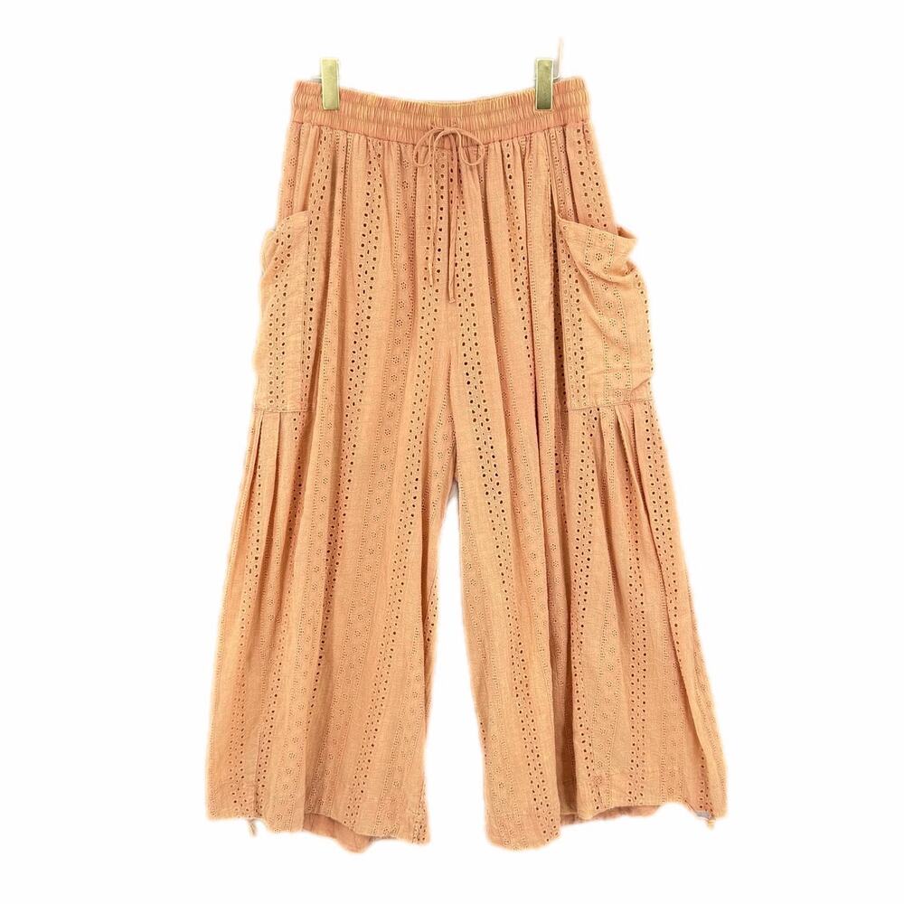 Oli & Hali 100% Cotton Eyelet Pastel Orange Wide Leg Cropped Pants Boho Hippie